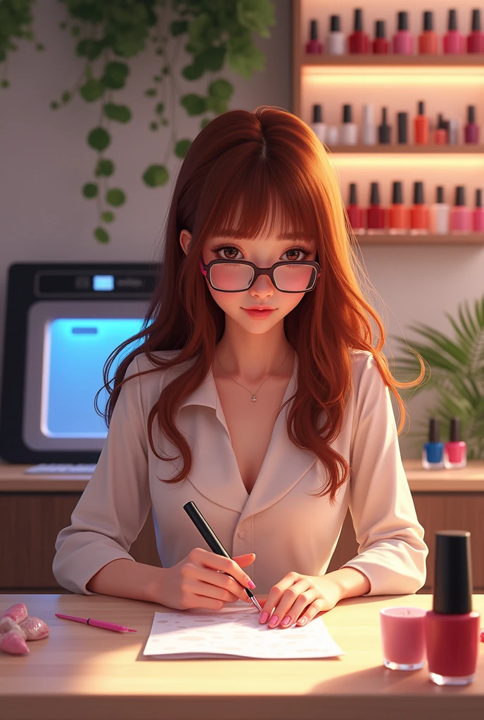 Manicure design, chestnut hair,wearing glasses and a dress, sitting at a table with a UV booth and nail polishes on the shelf in the background