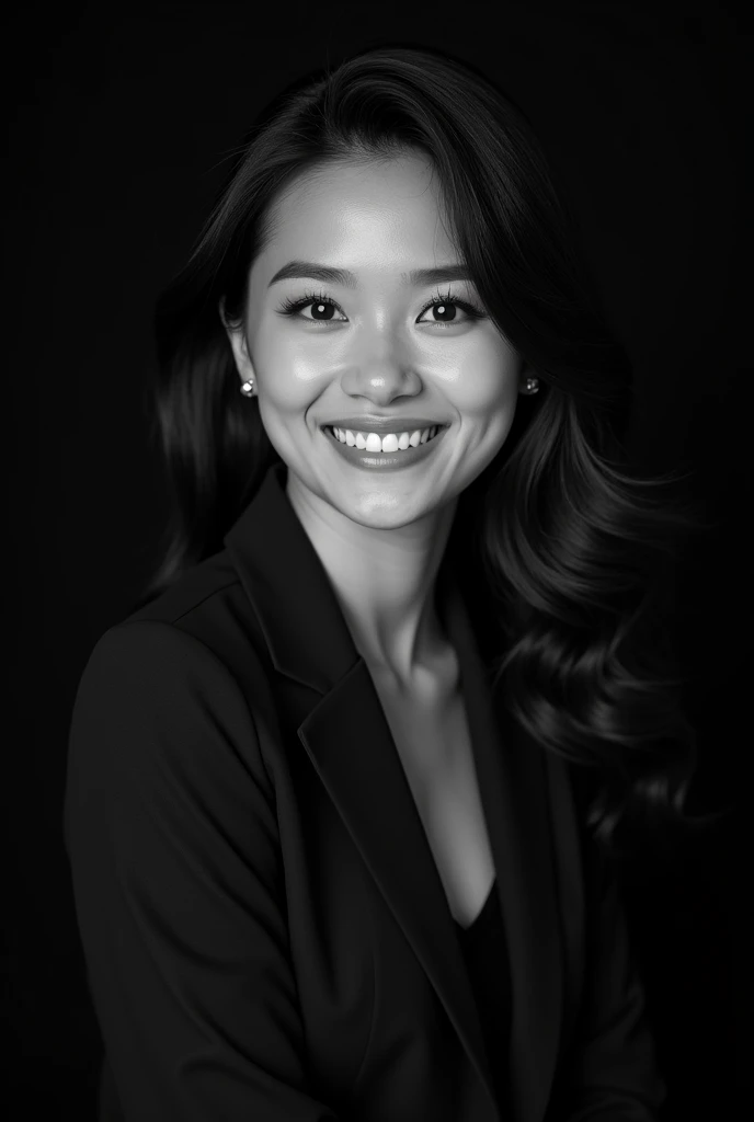 A professional black-and-white portrait of a cute very perfect beauty young indonesian woman, dark hair. has a warm smile, wearing modern stylish fashion. unique character and personality and style. The background is solid black, highlighting her features and creating a sleek, modern look. The lighting is soft and evenly distributed, emphasizing confident and approachable expression.