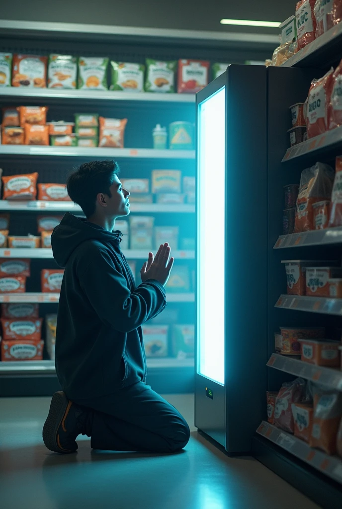 Concept: A person kneeling before a self-checkout machine in a supermarket, hands raised in worship. The background is filled with towering shelves of pre-packaged, microwaveable meals. The figure’s face is illuminated by the screen, giving them an almost religious glow.