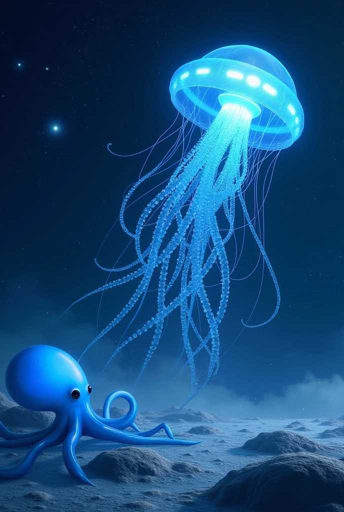 A large glowing blue jellyfish flies in space.
The stars shine.
A large transparent blue octopus is on the moon is in the background.