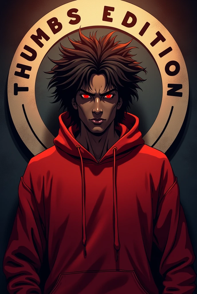 Man with red eyes, dark brown skin, dark brown hair, red sweatshirt, behind him a logo saying THUMBS EDITION, not anime style