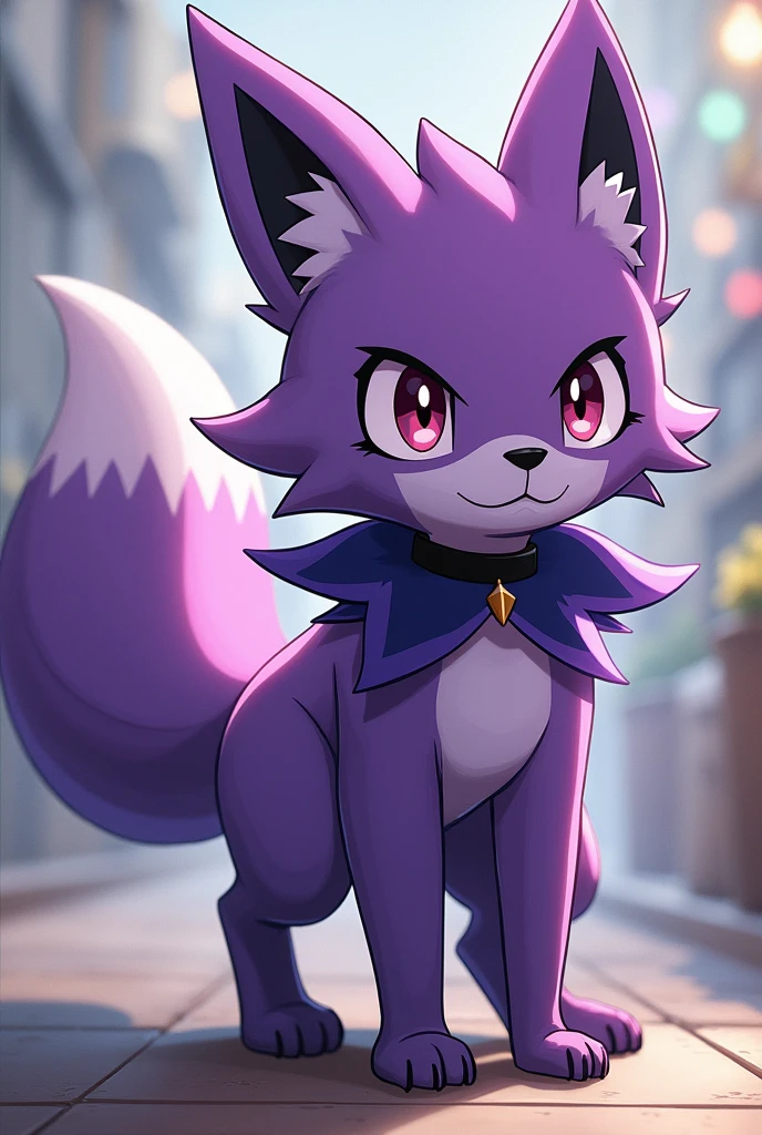 Purple fox Pokemon, fox thief, purple fox standing on two legs purple colla with black stripe, Pokemon fox anime
