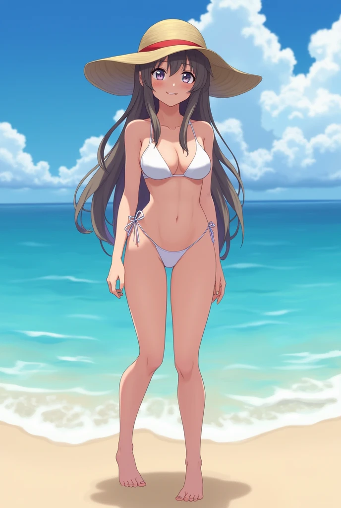 Make a female anime character in the beach with a swimsuit