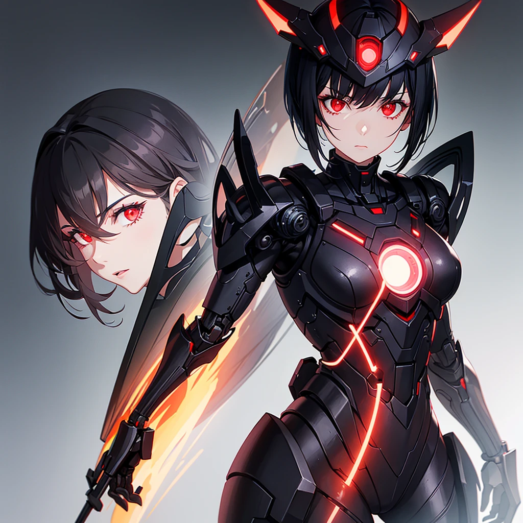 A woman with short black hair and glowing red eyes, she is wearing a helmet and a futuristic, robotic outfit
