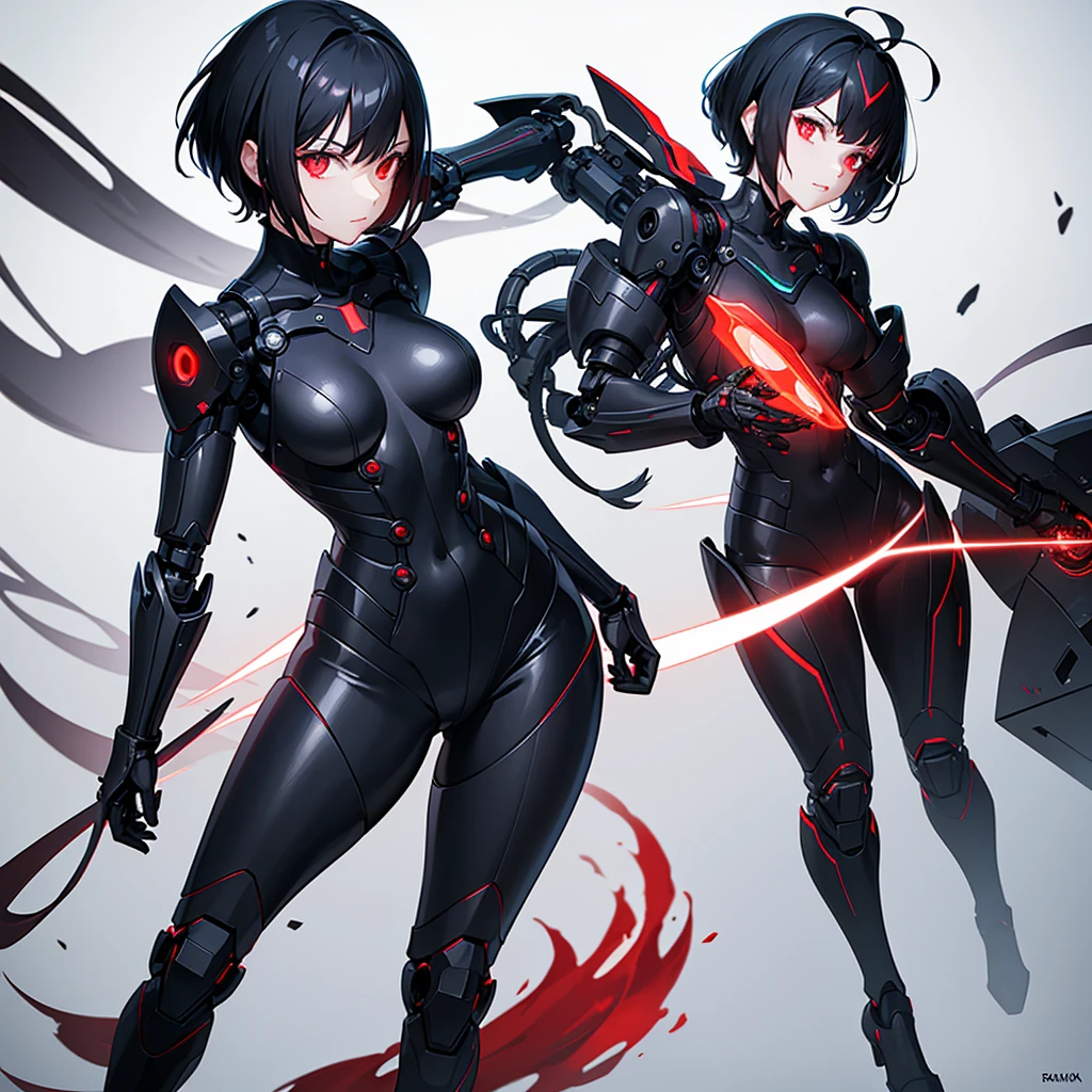 A woman with short black hair and glowing red eyes, she is wearing a helmet and a futuristic, robotic outfit