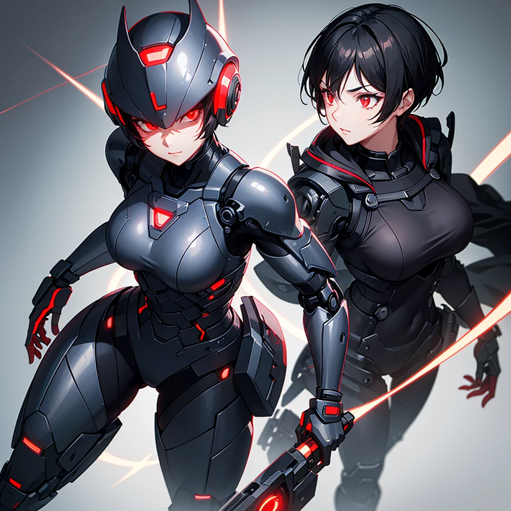 A woman with short black hair and glowing red eyes, she is wearing a helmet and a futuristic, robotic outfit