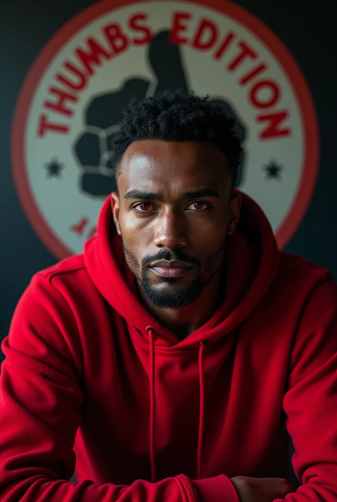 a man with red eyes, dark brown skin, dark brown hair, wearing a red sweatshirt, behind him a logo saying THUMBS EDITION, cinematic lighting, high fantasy, detailed facial features, dramatic pose, dramatic lighting, dark color scheme, atmospheric, moody, photorealistic, 8k, best quality, ultra-detailed