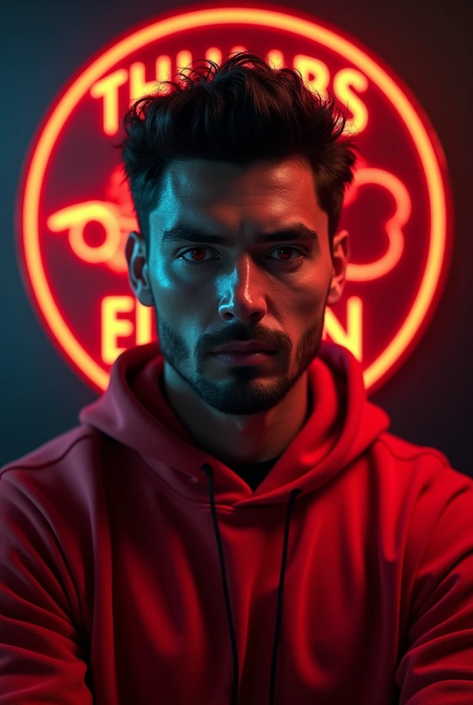 a man with red eyes, dark brown skin, dark brown hair, wearing a red sweatshirt, behind him a logo saying THUMBS EDITION, cinematic lighting, high fantasy, detailed facial features, dramatic pose, dramatic lighting, dark color scheme, atmospheric, moody, photorealistic, 8k, best quality, ultra-detailed