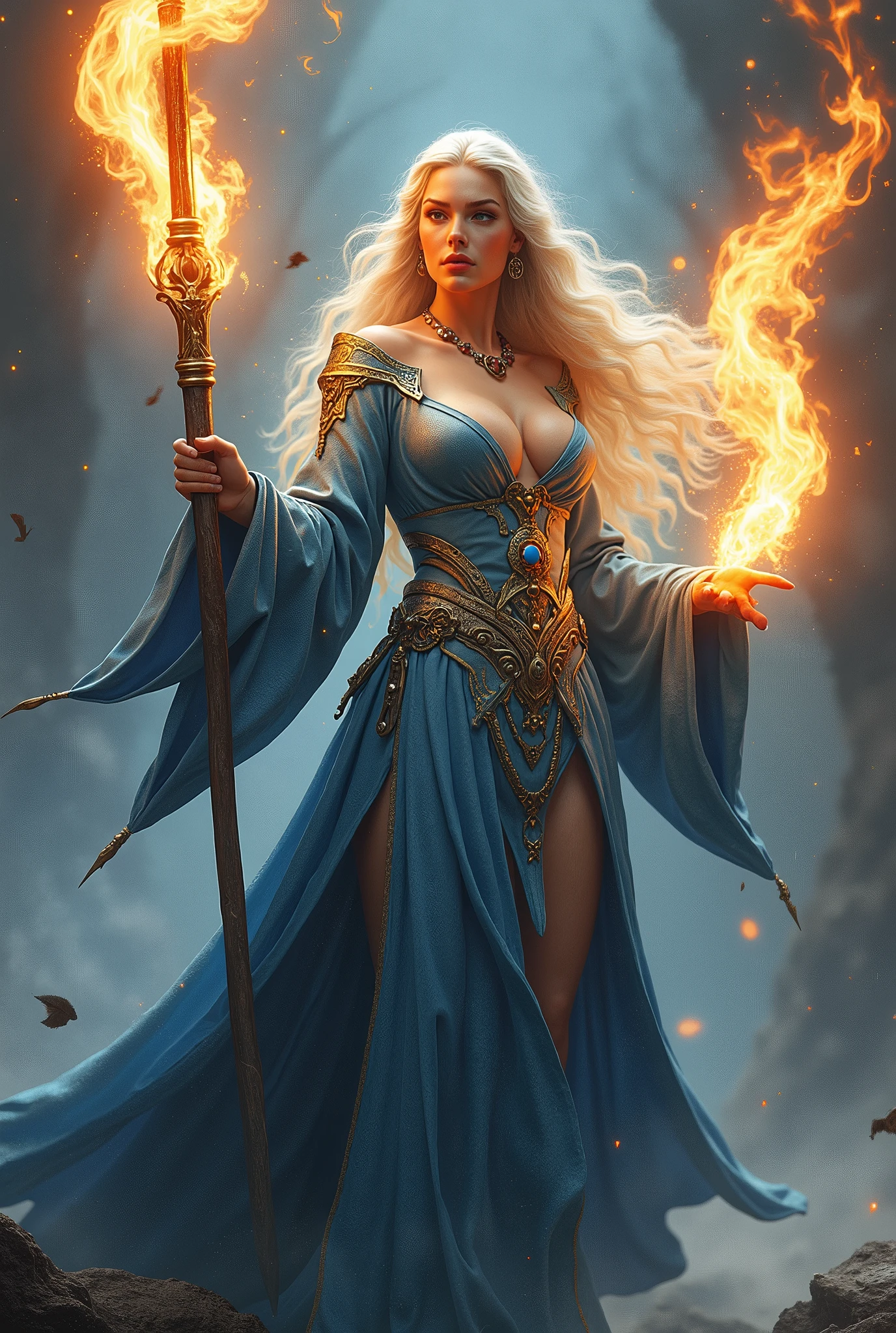 (masterpiece, photorealistic:1.4, extremely intricate:1.3), (photon mapping, radiosity, physically based rendering, ultra resolution, hyper-realistic, photorealistic:1.4, hyper-realistic, 8K), (((blonde buxom Sylph, large breasts))) blue silver sorceress, staff raised, flame power