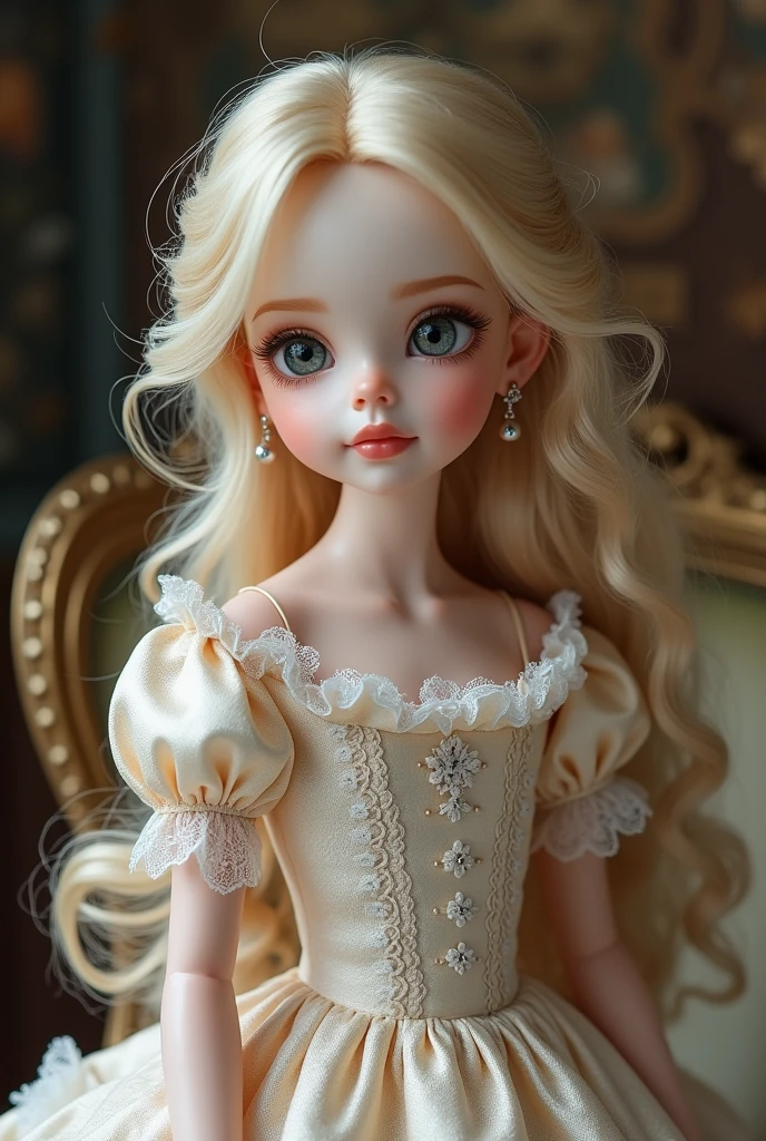 Create a doll, blonde hair with princess dresses, with earring, 