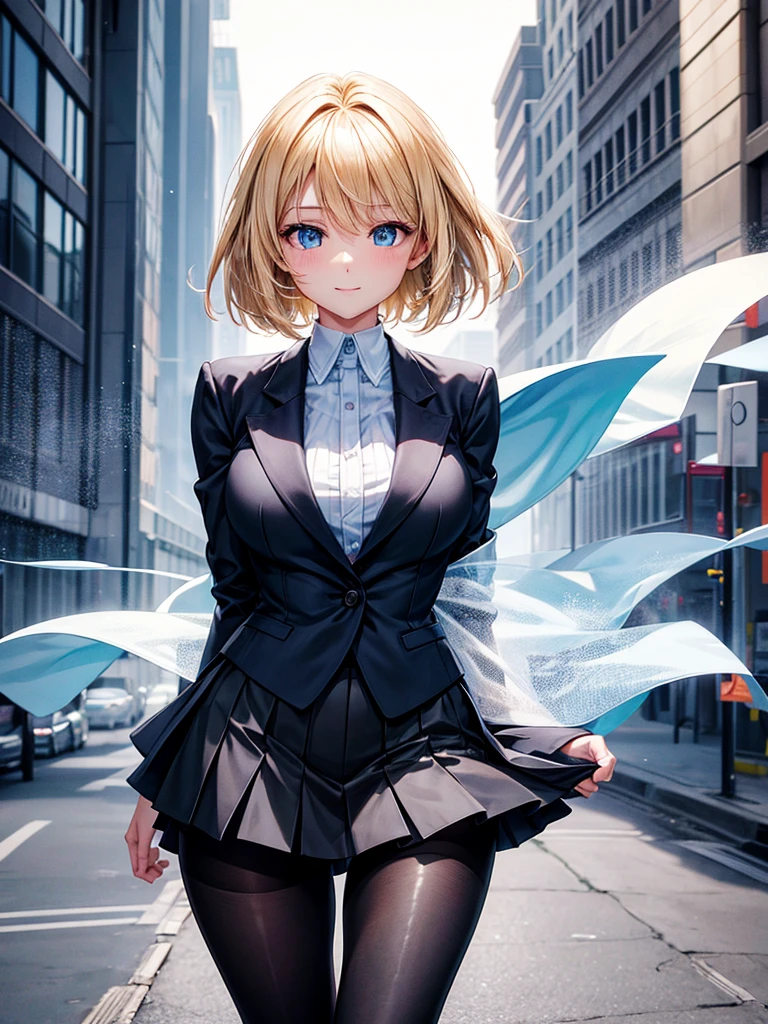 Anime style, super fine illustration, highly detailed, beautiful detailed, perfect detailed, super high quality image, static representation, gentle expression, happy expression, the pretty image, super stylish, 8k, beautiful face, handsome face, perfect & pretty 1girl with blonde straight short hair & blue eyes & a bright smile & full bust & soft fair skin is a career woman supervisor who is not to show her skin wearing big light blue business shirt & black summer tailored jacket & black tight skirt & black pantyhose on the urban business buildings street, in the morning, solo, perfect fingers, no more fingers, no less fingers, perfect arms, no more arms, perfect legs, no more legs, no more hair, masterpiece.