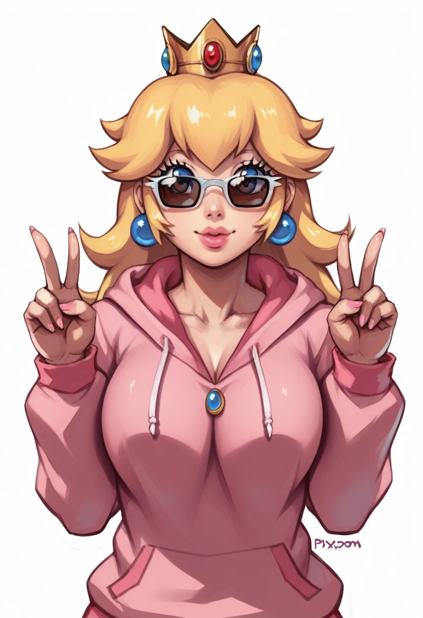 score_9, score_8_up, score_7_up, score_6_up, BREAK princess peach,hoodie,crown,sunglasses,smile,double v FAP_ARTSTYLE_xxoom_ownwaifu