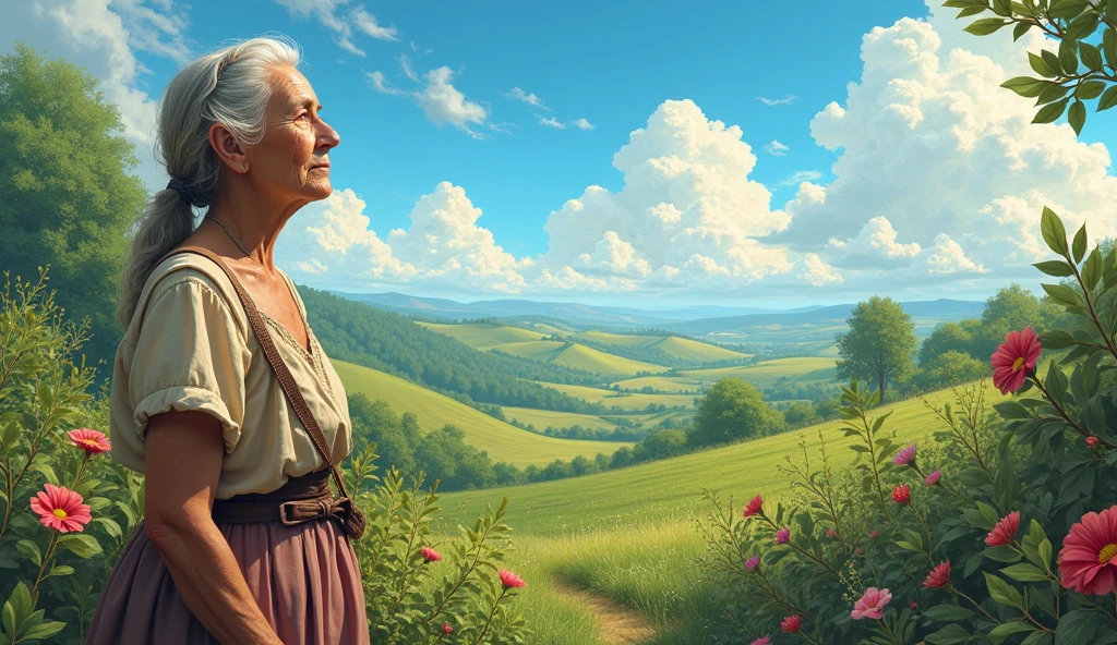 Here is the image generated based on the idea for the south of france, with an older woman, a big clear sky and a landscape full of vegetation. If you need anything else or other images, I am available!