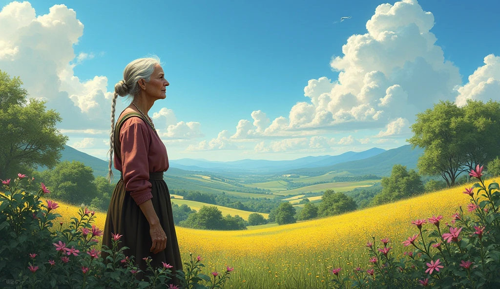 Here is the image generated based on the idea for the south of france, with an older woman, a big clear sky and a landscape full of vegetation. If you need anything else or other images, I am available!