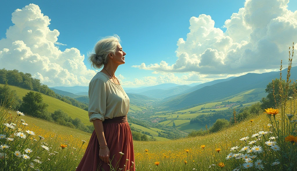 Here is the image generated based on the idea for the south of france, with an older woman, a big clear sky and a landscape full of vegetation. If you need anything else or other images, I am available!
