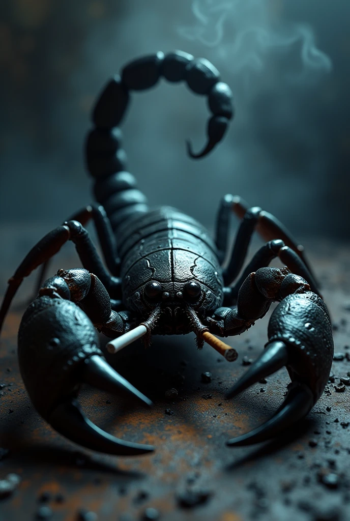 a fearsome black scorpion, detailed anatomy, smoking a cigarette, moody lighting, dark dramatic atmosphere, 8k, hyper detailed, cinematic, chiaroscuro, photorealistic, intricate textures, sinister, dangerous, monstrous, dynamic pose, realistic scale, hyperrealistic