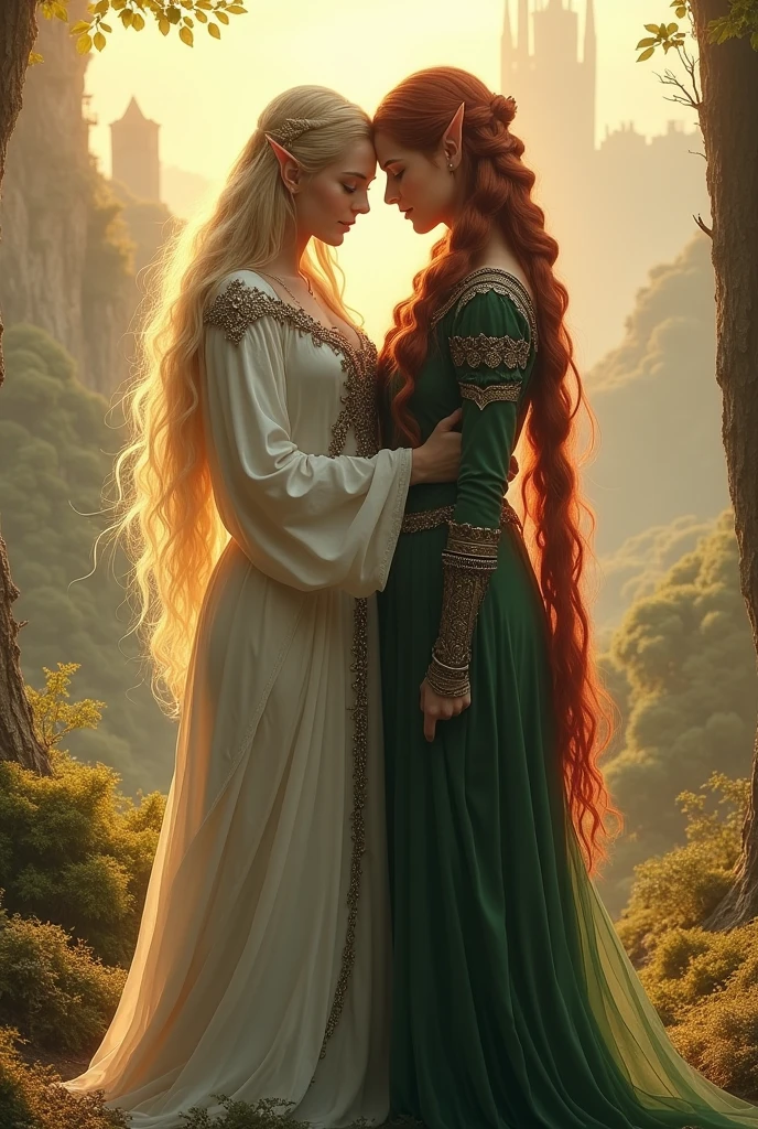 Lady Galadriel, a majestic elf with golden hair that falls in soft waves, y Tauriel, a brave elf with braided red hair, They are hugging each other from the front while sharing a kiss full of love. Both clearly show their pointed elven ears and wear detailed outfits.: Galadriel in her white and silver robes reflecting a magical light, and Tauriel in her green hunting armor. The landscape behind them is a majestic elven environment., combining elements from the 'Lord of the Rings' series: The Rings of Power and The Hobbit. The tall towers of Lindon can be seen, with its golden trees and majestic architecture, along with the serene forests of Lothlórien and Rivendell, where nature and magic intertwine in perfect harmony. The soft light of dawn illuminates the scene, enhancing the beauty of their love in this immortal fantasy world.
