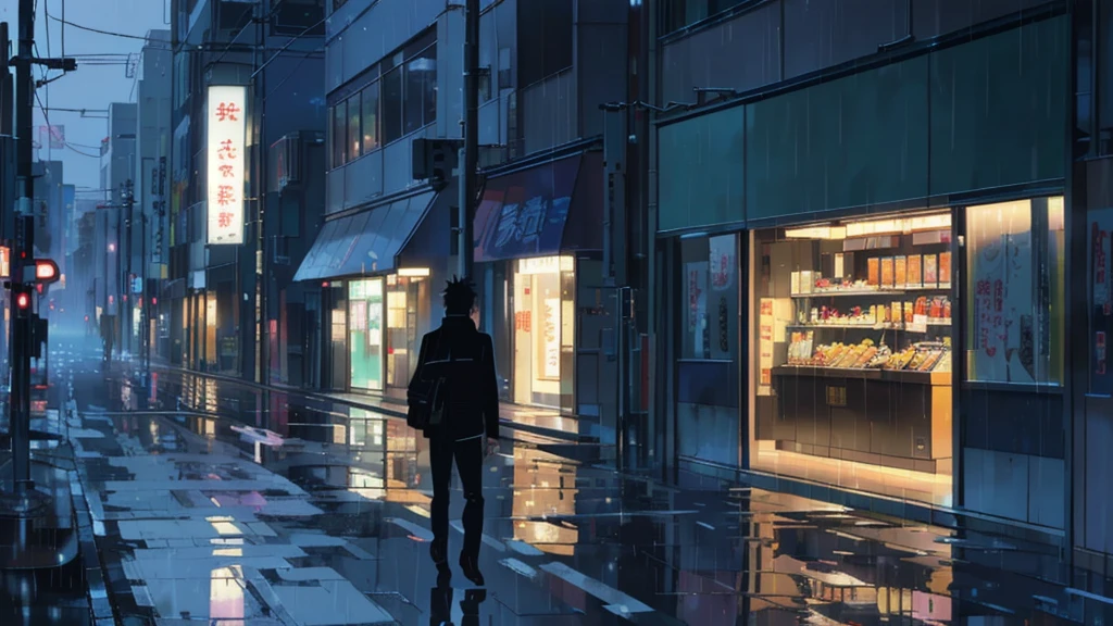 A man walking down the street in the rain, tokyo anime scene, rainy street, style of makoto shinkai, in style of makoto shinkai, makoto shinkai style, anime background art, gloomy. by makoto shinkai, makoto shinkai. —h 2160, makoto shinkai art style, reflections. by makoto shinkai