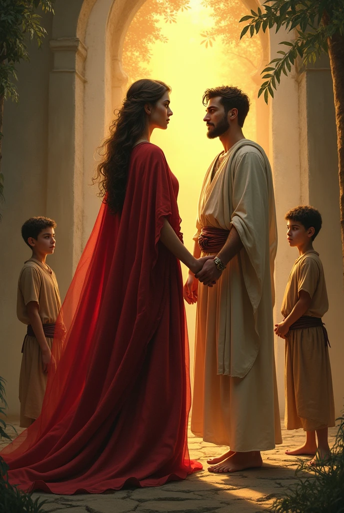 A vivid depiction of the wife of Caim revealing her true identity as more than just a silent figure in history. The scene captures her standing beside Caim, both of them surrounded by a symbolic light that highlights her crucial role in their journey. The background shows their children, who are growing strong and determined, symbolizing the legacy of faith and hope they are building. The atmosphere is one of revelation and redemption, with subtle elements like rays of light or symbolic motifs indicating the uncovering of long-hidden truths.