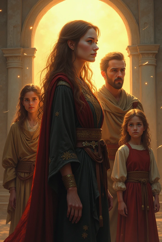 A vivid depiction of the wife of Caim revealing her true identity as more than just a silent figure in history. The scene captures her standing beside Caim, both of them surrounded by a symbolic light that highlights her crucial role in their journey. The background shows their children, who are growing strong and determined, symbolizing the legacy of faith and hope they are building. The atmosphere is one of revelation and redemption, with subtle elements like rays of light or symbolic motifs indicating the uncovering of long-hidden truths.