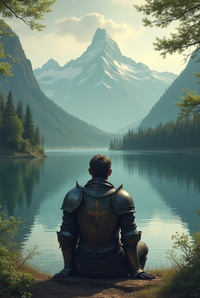 vintage, knight sitting in front of a lake seen from the back, mountain background, woods