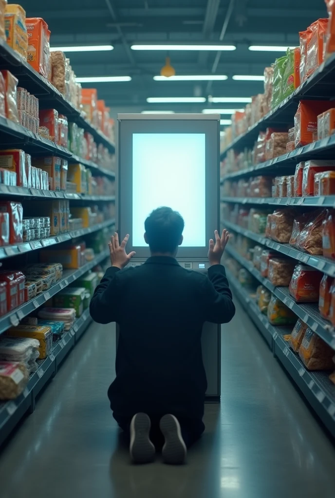 Concept: A person kneeling before a self-checkout machine in a supermarket, hands raised in worship. The background is filled with towering shelves of pre-packaged, microwaveable meals. The figure’s face is illuminated by the screen, giving them an almost religious glow.