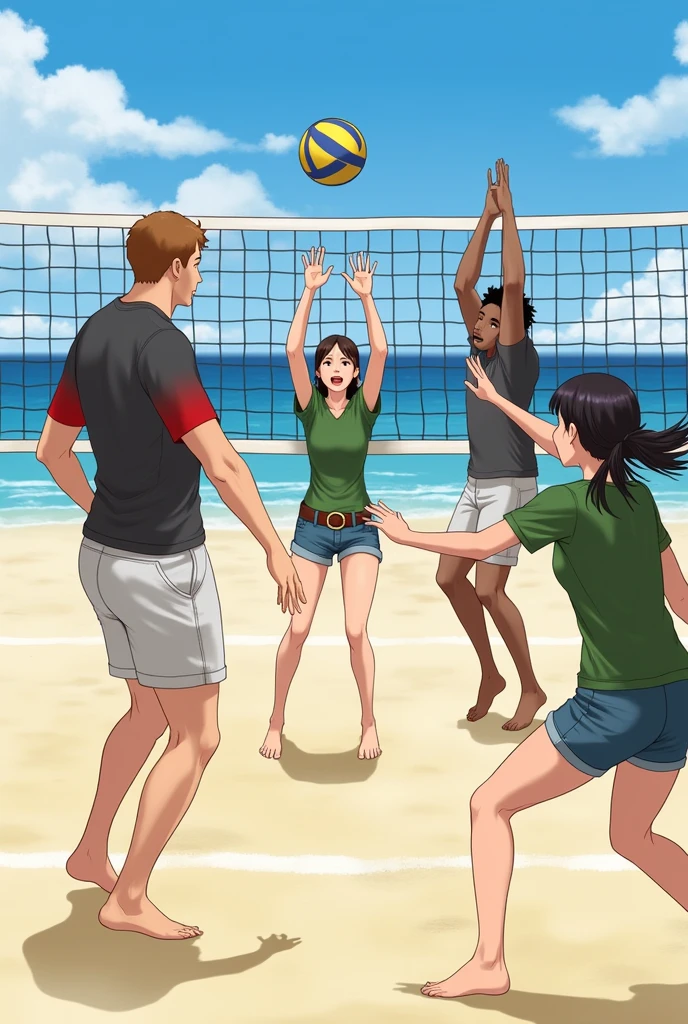 Team of 2 men against 2 women playing beach volleyball, One of the men is wearing light gray shorts and a black t-shirt with red sleeve edges, and the other, a little heavier, is wearing a dark gray shirt and shorts., one of the women is wearing a green blouse with denim shorts and a brown belt and the other woman is wearing shorts and a black t-shirt