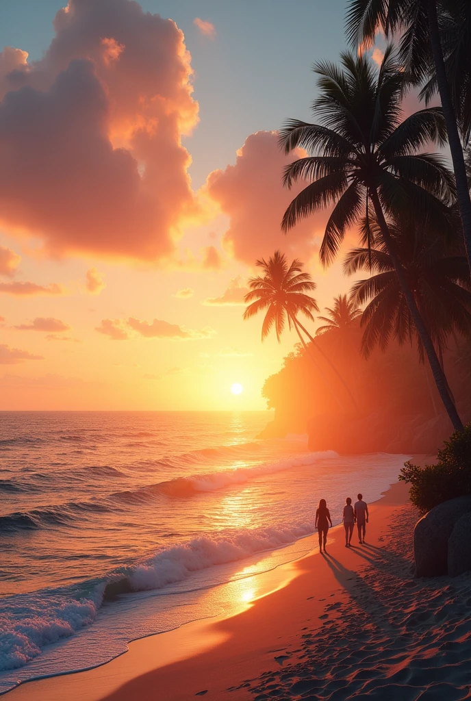 a beautiful sunset at the beach, golden sun setting over the ocean, soft pastel colors, rolling waves, sandy beach, palm trees, people walking along the shoreline, warm glow, serene atmosphere, (best quality,4k,8k,highres,masterpiece:1.2),ultra-detailed,(realistic,photorealistic,photo-realistic:1.37),landscape,vibrant colors,dramatic lighting,mellow mood,calming ocean breeze