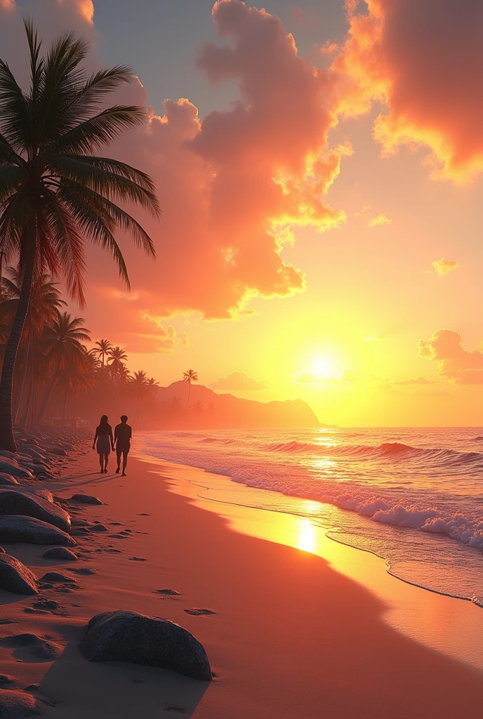a beautiful sunset at the beach, golden sun setting over the ocean, soft pastel colors, rolling waves, sandy beach, palm trees, people walking along the shoreline, warm glow, serene atmosphere, (best quality,4k,8k,highres,masterpiece:1.2),ultra-detailed,(realistic,photorealistic,photo-realistic:1.37),landscape,vibrant colors,dramatic lighting,mellow mood,calming ocean breeze