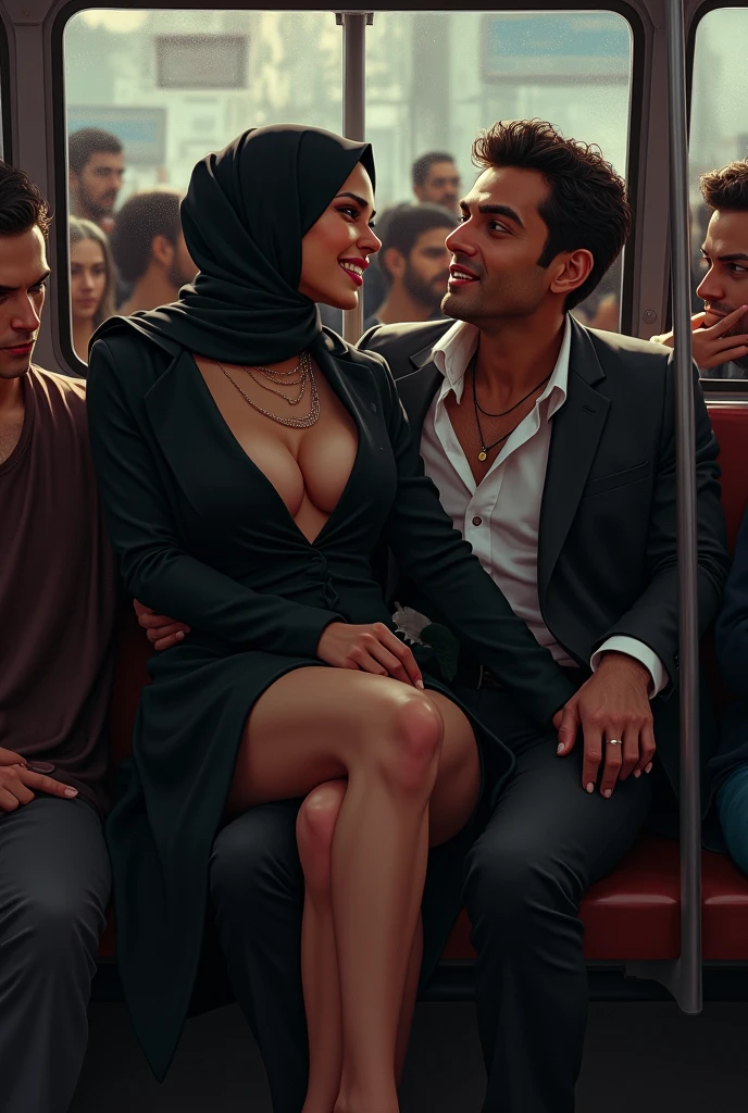 Black headscarf on a very crowded bus, Sexy thin woman in a black long coat sitting on a man's lap. (The man is smiling). A man sitting next to them is touching the woman.