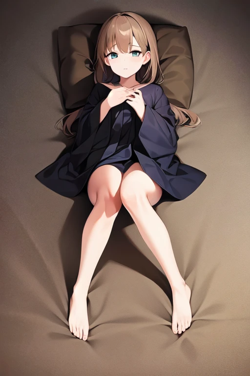 1girl, long shot, from above, full body, lying on bed, (knees together feet apart:1.1)