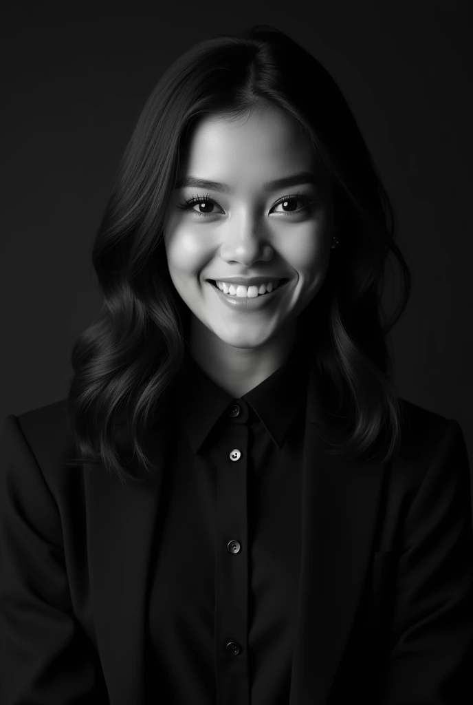 A professional black-and-white portrait of a cute very perfect beauty young indonesian woman, dark hair. has a warm smile, wearing modern stylish fashion. unique character and personality and style. The background is solid black, highlighting her features and creating a sleek, modern look. The lighting is soft and evenly distributed, emphasizing confident and approachable expression.