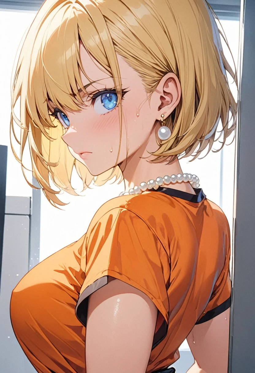 masterpiece, Highest quality, High resolution, (Artificial Human Room No. 18),1990s \(style\),(E-cup beautiful breasts)、height: 170cm,Sweating all over the body、Muscular、((sexy))、(Browsing Caution),独奏,Anime-style painting style, Blonde, blue eyes, Orange karate uniform,Pearl_necklace, bracelet, short hair, Earrings,Composition focusing on the upper body,Looking back pose,(Cool face)、(Pointed Eyes)