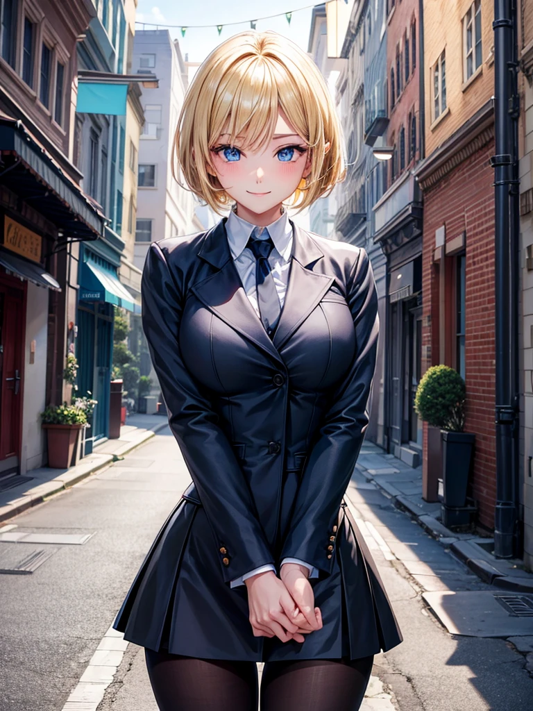 Anime style, super fine illustration, highly detailed, beautiful detailed, perfect detailed, super high quality image, static representation, gentle expression, happy expression, the pretty image, super stylish, 8k, beautiful face, handsome face, perfect & pretty 1girl with blonde straight short hair & blue eyes & a bright smile & full bust & soft fair skin is a career woman supervisor who is not to show her skin wearing big light blue business shirt & black summer tailored jacket & black tight skirt & black pantyhose on the urban business buildings street, in the morning, solo, perfect fingers, no more fingers, no less fingers, perfect arms, no more arms, perfect legs, no more legs, no more hair, masterpiece.