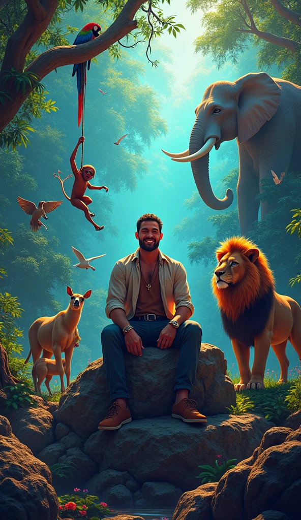 A festive scene in the jungle, with all the animals celebrating. Man is sitting on a large rock, smiling happily, surrounded by his animals. , the lion, is lying down beside him, looking relaxed. , the monkey, is swinging from a tree vine, while the elephant, is playfully spraying water from his trunk. , the parrot, is singing from a high branch. Other jungle animals like deer, birds, and small mammals are also present, enjoying the celebration. The trees are full of leaves, flowers are blooming, and the sunlight is
photo realastic vivid,neon,dramatic.cinamtic lighting, renderless
