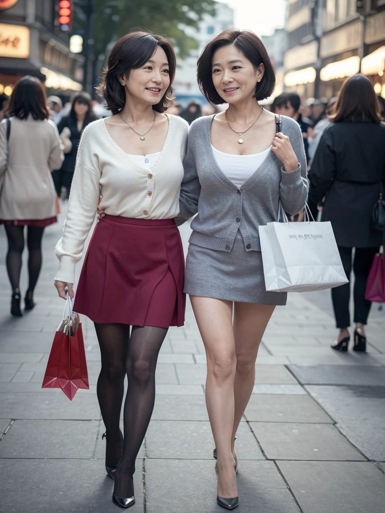 color々なcolor,Realistic skin wrinkles,80 years old,(bra:1.1),Makeup,Very detailed, high quality, masterpiece, 2 women, Walking, shopping bags in both hands, Happy expression, (Neat clothes), Mini tight skirt, High heels,(necklace), People in the background々, Department store,Pantyhose ,cardigan,Thin legs,Thin waist,Bob Hair,