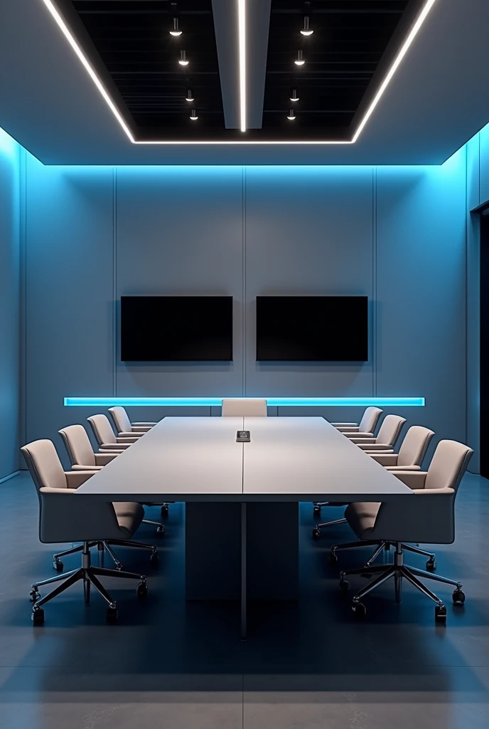 Office with 10-seat conference table in grey with white cabinets and blue lighting below, Grey and black walls and two televisions in front of the table