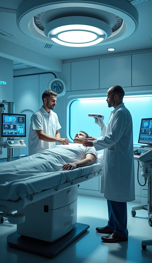 A man receiving treatment in a very large Hospital room, doctors scanning the man's veins with futuristic devices. (Scene: Modern hospital, sterile lighting, focused atmosphere)