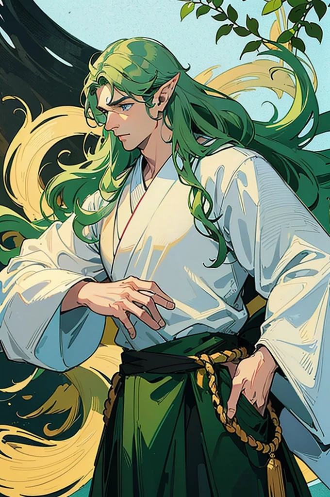 ((masterpiece)), ((one man)), man, man in late 30s, brown skin, light blue eyes, detailed eyes, light green hair, long curly hair, curly hair, tall, handsome, mature, white kimono, elve ears
