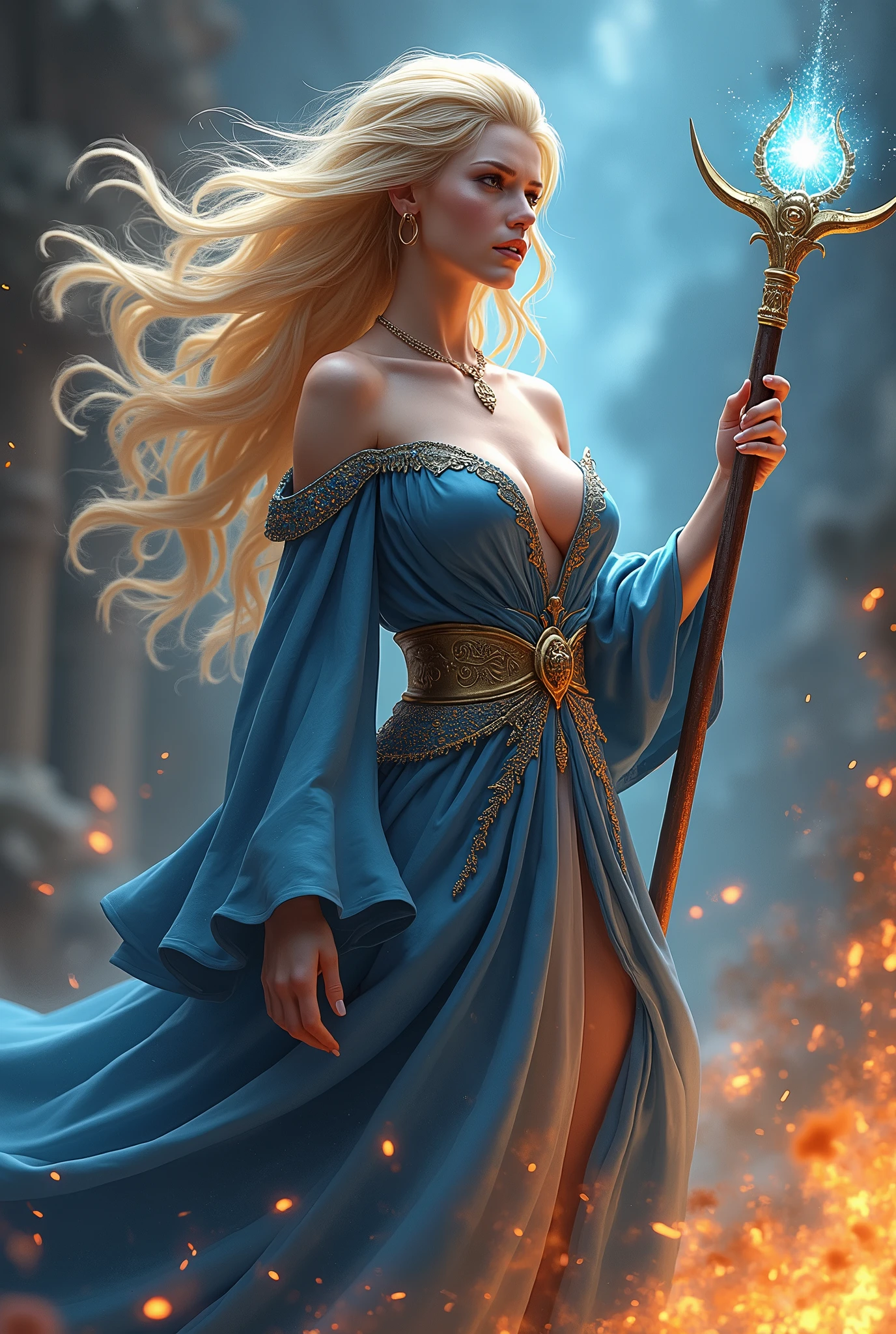 (masterpiece, photorealistic:1.4, extremely intricate:1.3), (photon mapping, radiosity, physically based rendering, ultra resolution, hyper-realistic, photorealistic:1.4, hyper-realistic, 8K), (((blonde buxom Sylph, large breasts))) blue silver sorceress, staff raised, flame power
