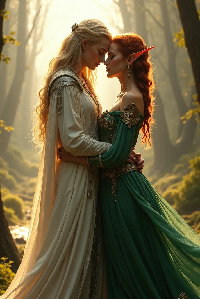 Lady Galadriel, a majestic elf with golden hair that falls in soft waves, y Tauriel, a brave elf with braided red hair, They are hugging each other from the front while sharing a kiss full of love. Both clearly show their pointed elven ears and wear detailed outfits.: Galadriel in her white and silver robes reflecting a magical light, and Tauriel in her green hunting armor. The landscape behind them is a majestic elven environment., combining elements from the 'Lord of the Rings' series: The Rings of Power and The Hobbit. The tall towers of Lindon can be seen, with its golden trees and majestic architecture, along with the serene forests of Lothlórien and Rivendell, where nature and magic intertwine in perfect harmony. The soft light of dawn illuminates the scene, enhancing the beauty of their love in this immortal fantasy world.