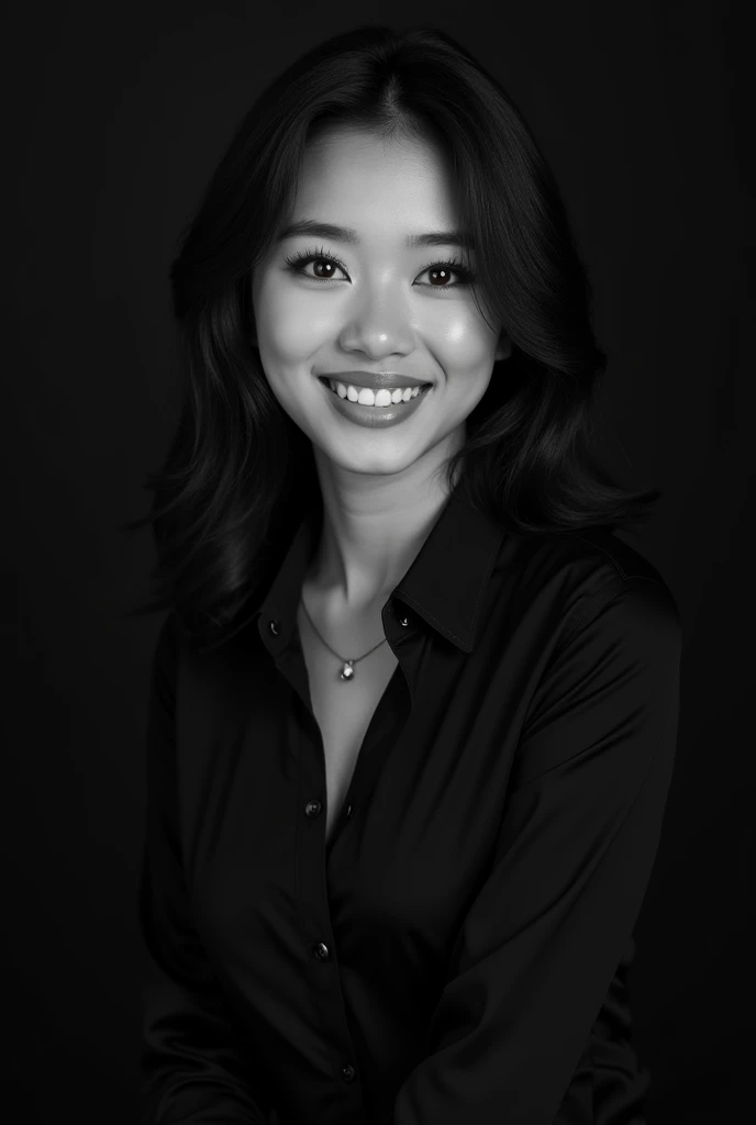 A professional black-and-white portrait of a cute very perfect beauty young indonesian woman, dark hair. has a warm smile, wearing modern stylish fashion. unique character and personality and style. The background is solid black, highlighting her features and creating a sleek, modern look. The lighting is soft and evenly distributed, emphasizing confident and approachable expression.
