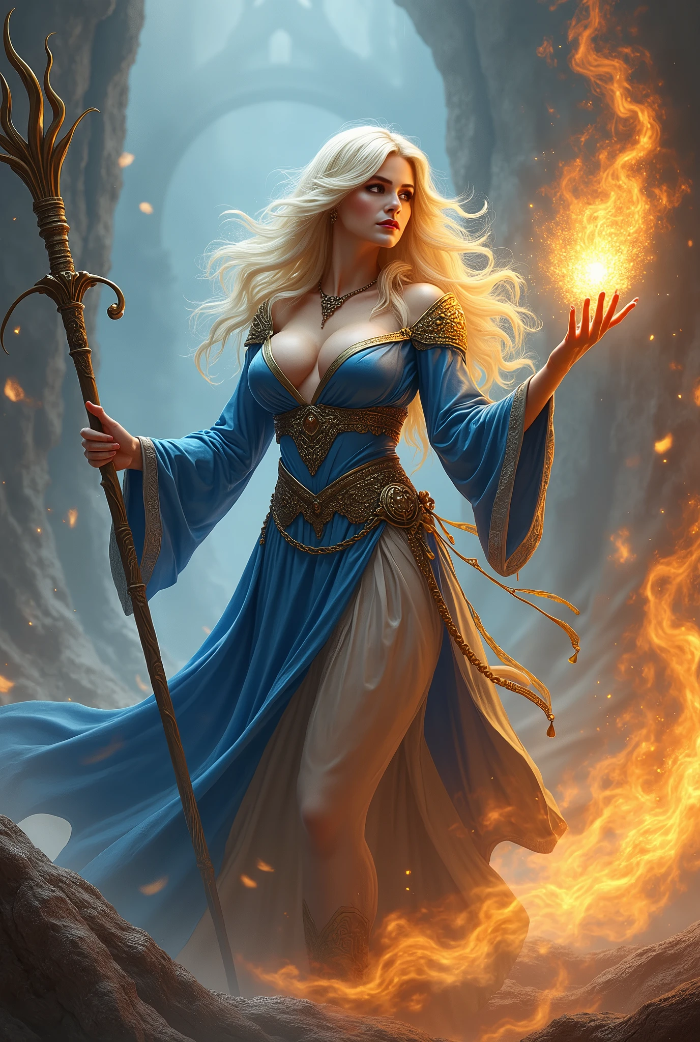 (masterpiece, photorealistic:1.4, extremely intricate:1.3), (photon mapping, radiosity, physically based rendering, ultra resolution, hyper-realistic, photorealistic:1.4, hyper-realistic, 8K), (((blonde buxom Sylph, large breasts))) blue silver sorceress, staff raised, flame power