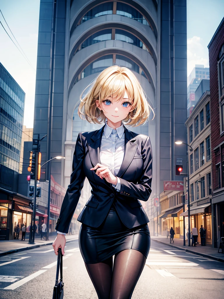 Anime style, super fine illustration, highly detailed, beautiful detailed, perfect detailed, super high quality image, static representation, gentle expression, happy expression, the pretty image, super stylish, 8k, beautiful face, handsome face, perfect & pretty 1girl with blonde straight short hair & blue eyes & a bright smile & full bust & soft fair skin is a career woman supervisor who is not to show her skin wearing big light blue business shirt & black summer tailored jacket & black tight skirt & black pantyhose on the urban business buildings street, in the morning, solo, perfect fingers, no more fingers, no less fingers, perfect arms, no more arms, perfect legs, no more legs, no more hair, masterpiece.