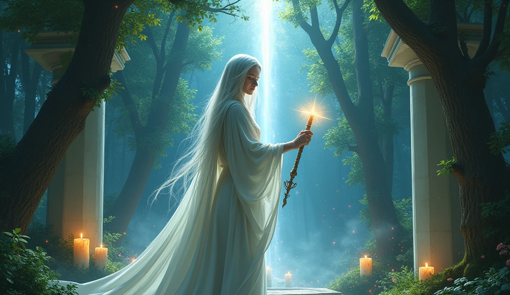 ((Allena the elven high priestess of the elf moon stands before the hidden forest alter and summons the power of the stars to link the earth and sky)). Allena is standing in a shrine hidden amidst a magical forest, with sparkling fairy lights illuminating the surroundings. The white stone columns are shaded by the vibrant green leaves of the towering trees create a mesmerizing backdrop. The shrine altar is lite by canfles . Moonlight filters through the branches, casting ethereal rays of silver light on the elf's ethereal face. She holds a magical staff in her hand, which emits a soft glowing energy, revealing her strong connection with the stars. (She is surrounded in a pillar of silver light that connects the earth and sky), The atmosphere is filled with a sense of serenity and tranquility. The colors in the scene are vibrant and saturated, with a touch of mystical hues, enhancing the magical ambiance. The lighting is soft and gentle, with a warm silver glow, creating a dreamlike and otherworldly atmosphere. The image quality is of the highest standard, with ultra-detailed rendering capturing every intricate detail of the elf's features and the surrounding environment. The overall style of the image is fantasy art, with a blend of realism and a touch of surrealism, capturing the essence of the mystical and enchanting world of elves.