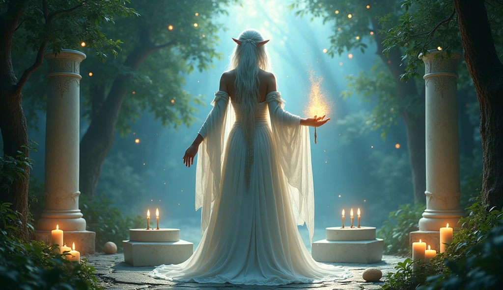 ((Allena the elven high priestess of the elf moon stands before the hidden forest alter and summons the power of the stars to link the earth and sky)). Allena is standing in a shrine hidden amidst a magical forest, with sparkling fairy lights illuminating the surroundings. The white stone columns are shaded by the vibrant green leaves of the towering trees create a mesmerizing backdrop. The shrine altar is lite by canfles . Moonlight filters through the branches, casting ethereal rays of silver light on the elf's ethereal face. She holds a magical staff in her hand, which emits a soft glowing energy, revealing her strong connection with the stars. (She is surrounded in a pillar of silver light that connects the earth and sky), The atmosphere is filled with a sense of serenity and tranquility. The colors in the scene are vibrant and saturated, with a touch of mystical hues, enhancing the magical ambiance. The lighting is soft and gentle, with a warm silver glow, creating a dreamlike and otherworldly atmosphere. The image quality is of the highest standard, with ultra-detailed rendering capturing every intricate detail of the elf's features and the surrounding environment. The overall style of the image is fantasy art, with a blend of realism and a touch of surrealism, capturing the essence of the mystical and enchanting world of elves.