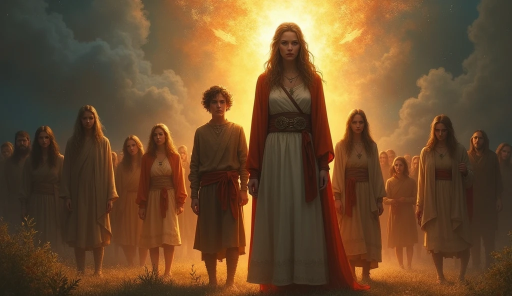 A vivid depiction of the wife of Caim revealing her true identity as more than just a silent figure in history. The scene captures her standing beside Caim, both of them surrounded by a symbolic light that highlights her crucial role in their journey. The background shows their children, who are growing strong and determined, symbolizing the legacy of faith and hope they are building. The atmosphere is one of revelation and redemption, with subtle elements like rays of light or symbolic motifs indicating the uncovering of long-hidden truths.