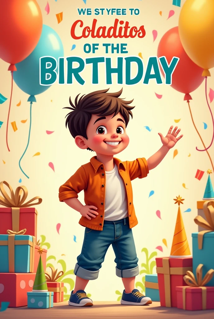 Create me a birthday card for a boy, in letters saying my first year of borr@give , The coladitos from the Sucre block are invited , At the end you put your paper with 50% gum , image of a child in Spanish 