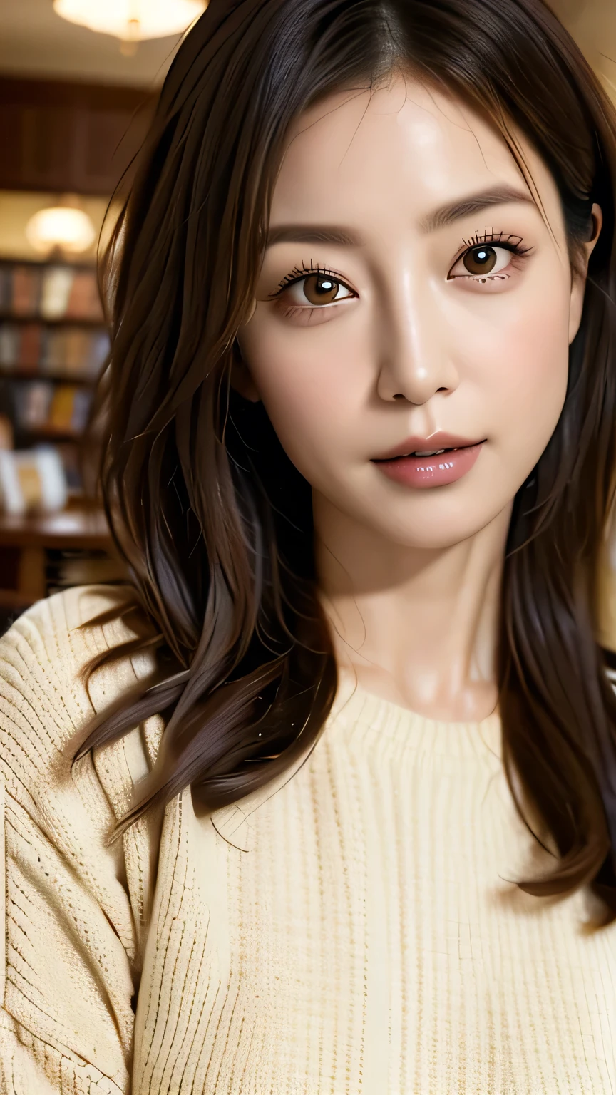 (Highest quality、8k、Award-winning works、Ultra-high resolution)、One beautiful woman、40 years old、Perfect Makeup、Long eyelashes、Beautiful eyeshadow、Bright and shiny lipstick、Strong wavy short hair、Very light brown hair、Browsing in a bookstore、Cowboy Shot、A sweater with a wide open neck、A soft long skirt、Accurate anatomy、Sunny days in autumn、Detailed eyes、Densely drawn eyes、Focused eyes、