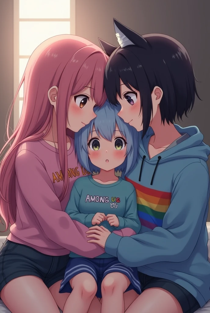 An anime girl threesome, one has long pink hair, eyes browns, e usa uma blusa de among us rosa, the other one has short black hair, black eyes, wears glasses and a gay couple sweatshirt, the last girl is a little smaller, has medium light blue hair, cat ears and wears a big blue sweatshirt